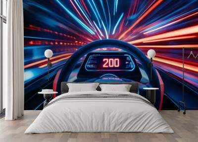 a futuristic the steering wheel sense of speed or motion as of the vehicle is moving through a neon-lit tunnel or digital space. Wall mural