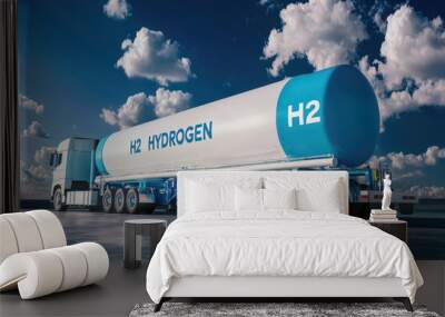 A hydrogen fuel truck transportation, representing renewable energy and sustainable fuel sources in a modern landscape. Wall mural