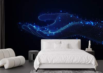 Abstract digital wave dots background with gradient color and hand shape technology concept design for banner or poster on dark blue background Generative AI Wall mural