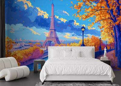 Abstract painting concept. Colorful art of the Eiffel Tower in Paris . Generative AI. Wall mural