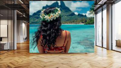 Back view woman Hawaii beach girl with crown . Generate AI Wall mural