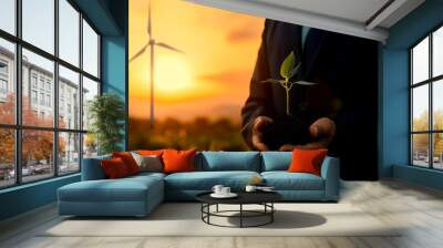 Business man using the tree plant to support environmental and sustainable development. ecological concept. Wall mural