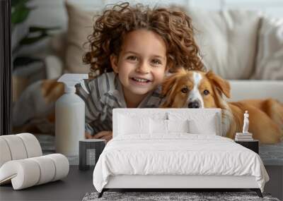 Cleaner spray bottle with a happy kid and dog. healthy hygiene concept. ai generative Wall mural