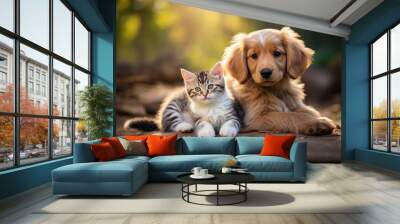 Cute kitty and puppy cudgeling together isolated .generative AI Wall mural