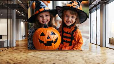 Cute white child wearing Halloween costume in autumn scene. Wall mural