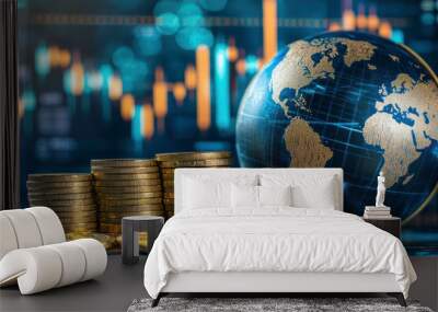 globe earth and coins, investment , saving, economy global, finance concept. blue stock market on background Wall mural