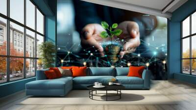 hand holding money savings filled with coins and growing plant for sustainable financial planning fo Wall mural