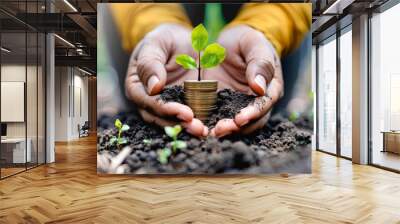 hand holding money savings filled with coins and growing plant for sustainable financial planning for retirement or eco subsidy investment for environment protection , Generative AI Wall mural