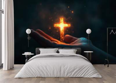 hands holding a cross symbol with a sunrise sky background. Wall mural