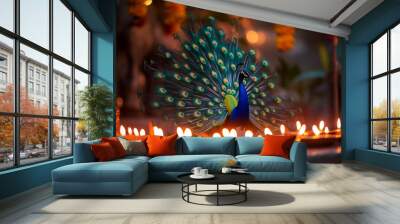 Happy Diwali Diya Lamp and Peacock Illustration. Indian festival of lights Design. Suitable for Greeting Card, Wall mural