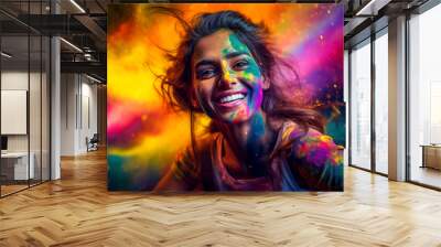 Holi festival, portrait of a young woman in colorful powder explosion. Generative AI. Wall mural