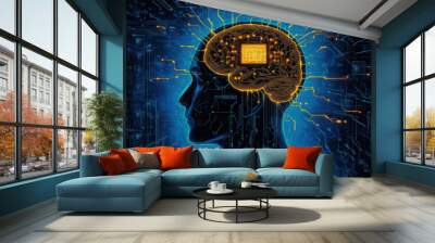 Human brain with implanted neural ink chip implanted, Neural connection to computer, Neuro engineering. neuralink concept Wall mural