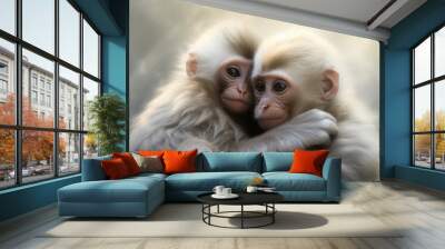 Mother monkey with her monkey child hug together in shinning light. Generative AI Wall mural