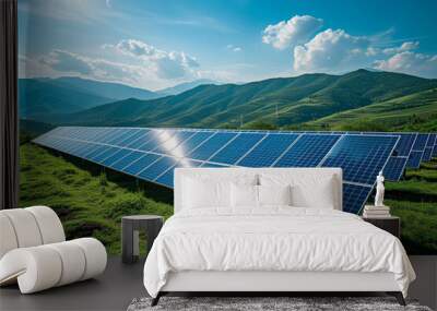 Solar energy panel photovoltaic cell and farm power generator in nature landscape, Generative AI Wall mural