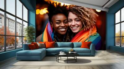 Young lesbian couple smiling in street . LGBQ or pride festival concept. Generative AI. Wall mural