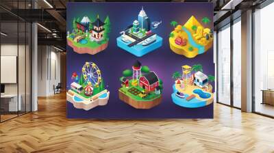 Isometric game islands collection with different climates and decoration for computer games. colorful island isolated Wall mural