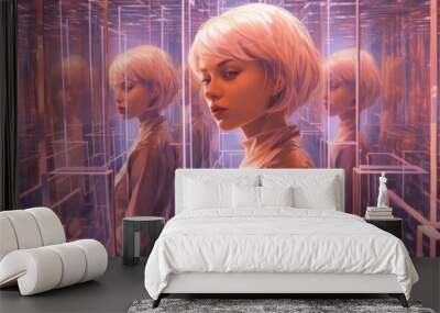 mystic glow: woman in white amidst a reflective maze Wall mural