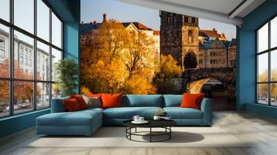 city prague river bridge europe night castle architecture sunset church water town travel tower prague reflection building czech old panorama winter skyline cathedral sky light Fog,dawn, autumn Wall mural