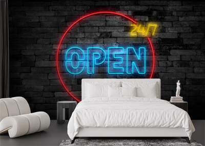 24 hours Neon signboards set Vector. Open all day neon signs, design template, modern trend design, night bright advertising, light banner, light art. Vector illustration. Wall mural