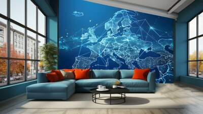 Abstract network grid with data transfer lines and nodes on europe map Wall mural