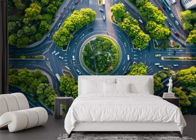 Arial top view of Modern transportation with Expressway, Road and Roundabout, multilevel junction highway-Top view. Important infrastructure. Wall mural