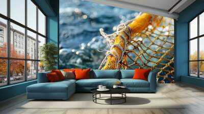 Close up of a fishing net with water background, ideal for fishing or aquatic themes Wall mural