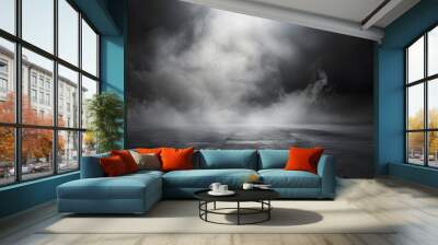 Dark gray background fog and light on floor. Mystical mist. smoke in dark room. Banner show product  Wall mural