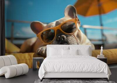 Dog vacation sunglasses lazy relax funny summer beach chair pet. Generative AI. Wall mural