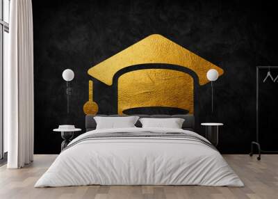 Golden Graduation cap with gold tassel isolated on black background. Wall mural