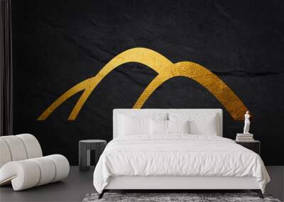 Golden mountains art deco isolated on black background. Luxury wallpaper design with gold foil shiny sketch of mountain Landscape. Vector illustration Wall mural