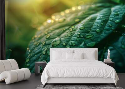 Green leaf with drops of water. Wall mural