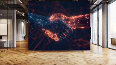 Handshake in digital futuristic style. The concept of partnership, collaboration or teamwork. illustration with light effect and neon Wall mural