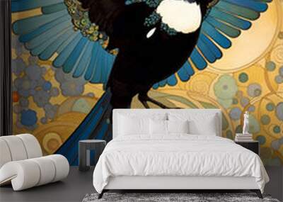 Decorative art nouveau illustration of a flying magpie in profile in an ornate floral nature background Wall mural