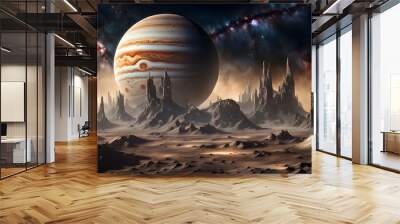 fantasy space artwork with Jupiter rising over the surface of one of its moons with stars and nebula in the sky Wall mural