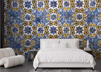 traditional blue and yellow Portuguese floral pattern glazed ceramic tires with repeating design in funchal madeira Wall mural