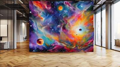 vibrant colorful watercolor new age style abstract cosmos scene with stars galaxies and planets in swirling vibrant colors. generative ai Wall mural