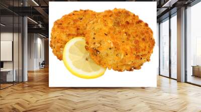 Breadcrumb covered salmon fish cakes isolated on a white background Wall mural