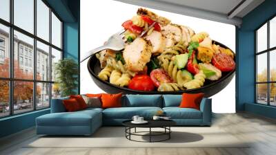 Chicken and pasta salad meal with roasted chicken breast isolated on a white background Wall mural