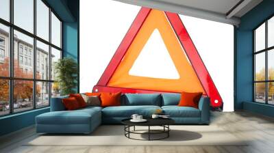 Emergency reflective car warning triangle used to warn others of a broken down vehicle, a legal requirement in most European countries, isolated on a white background Wall mural