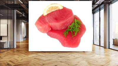 Two fresh raw yellow fin tuna fish meat steaks with lemon and dill herb garnish Wall mural