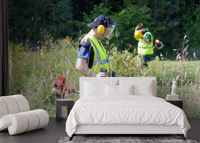 workers strimming grass with petrol cutters Wall mural