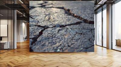 Macro photo of cracked and split asphalt road Wall mural