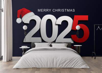 Merry Christmas and Happy New Year 2025 greeting concept with Christmas hat on the number Wall mural