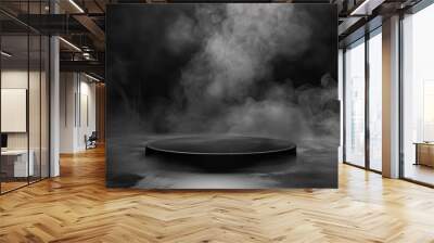 Podium black dark smoke background product platform abstract stage texture fog spotlight. Dark black floor podium dramatic empty night room table concrete wall scene place display studio smoky dust. Wall mural