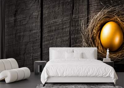 Banner Of Golden Nest Egg On Rustic Wooden Table Background - Investment Concept Wall mural