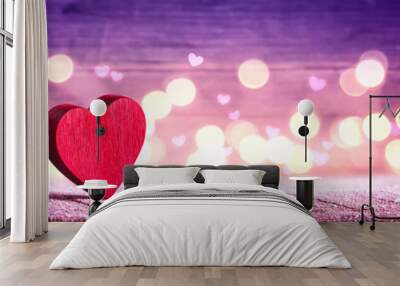 Banner Of Two Red Hearts On Rustic Table With Soft Lights On Wooden Background - Valentine's Day Concept Wall mural