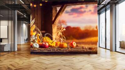 Basket Of Pumpkins, Apples And Corn On Harvest Table in Barn With Open Door And Sunset Background - Harvest And Thanksgiving Wall mural