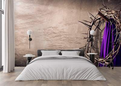 
Crown Of Thorns And Purple Robe Hanging On Nail In Stone Wall With Light Rays
 - Crucifixion Of Jesus Christ Wall mural