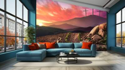 Empty Tomb Of Jesus Christ At Sunrise With Three Crosses In The Distance - Resurrection Concept Wall mural