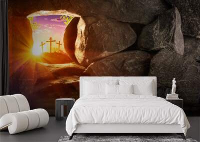 Empty Tomb With Linen Cloth At Sunrise With Sunlight Shining Through The Open Door And 
Three Crosses In The Distance - Crucifixion And Resurrection Concept Wall mural